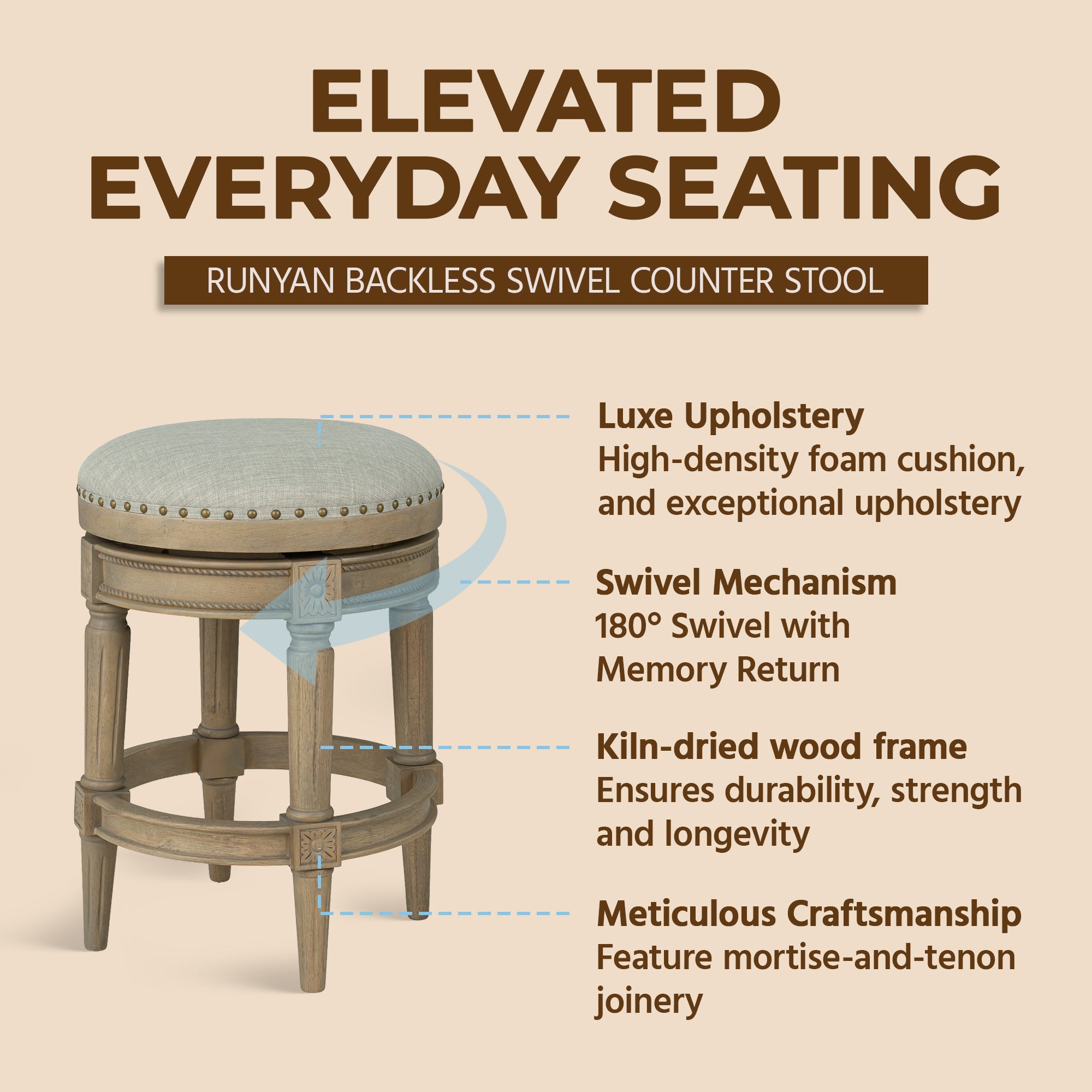 ROME + OAK Runyan 26" Swivel Counter Stool, Reclaimed Oak, Grey Fabric, Set of 4