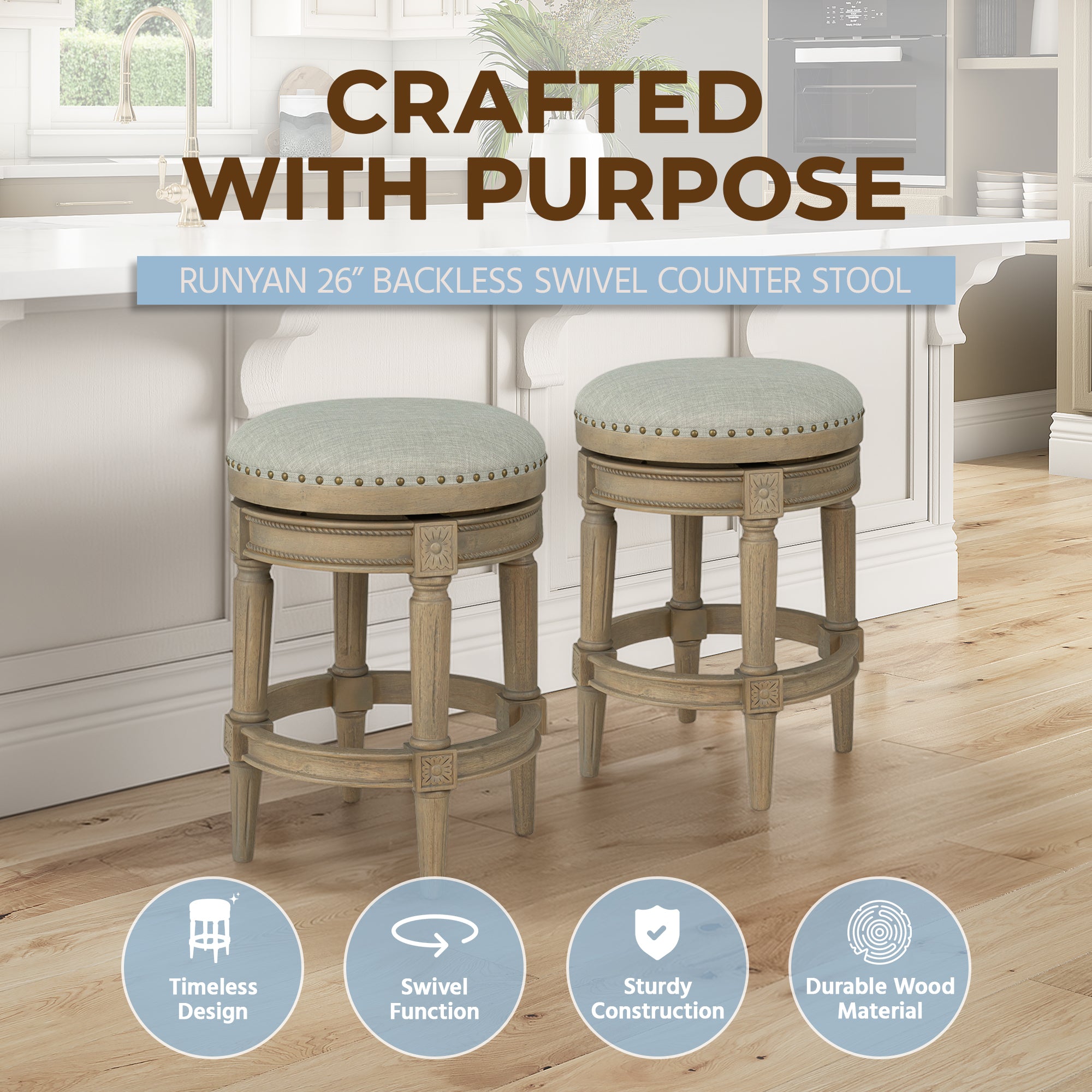 ROME + OAK Runyan 26" Swivel Counter Stool, Reclaimed Oak, Grey Fabric, Set of 4