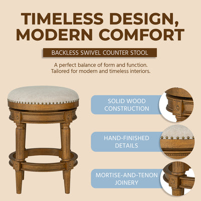 ROME + OAK Runyan 26" Swivel Counter Stool, Weathered Oak, Sand Fabric, Set of 2