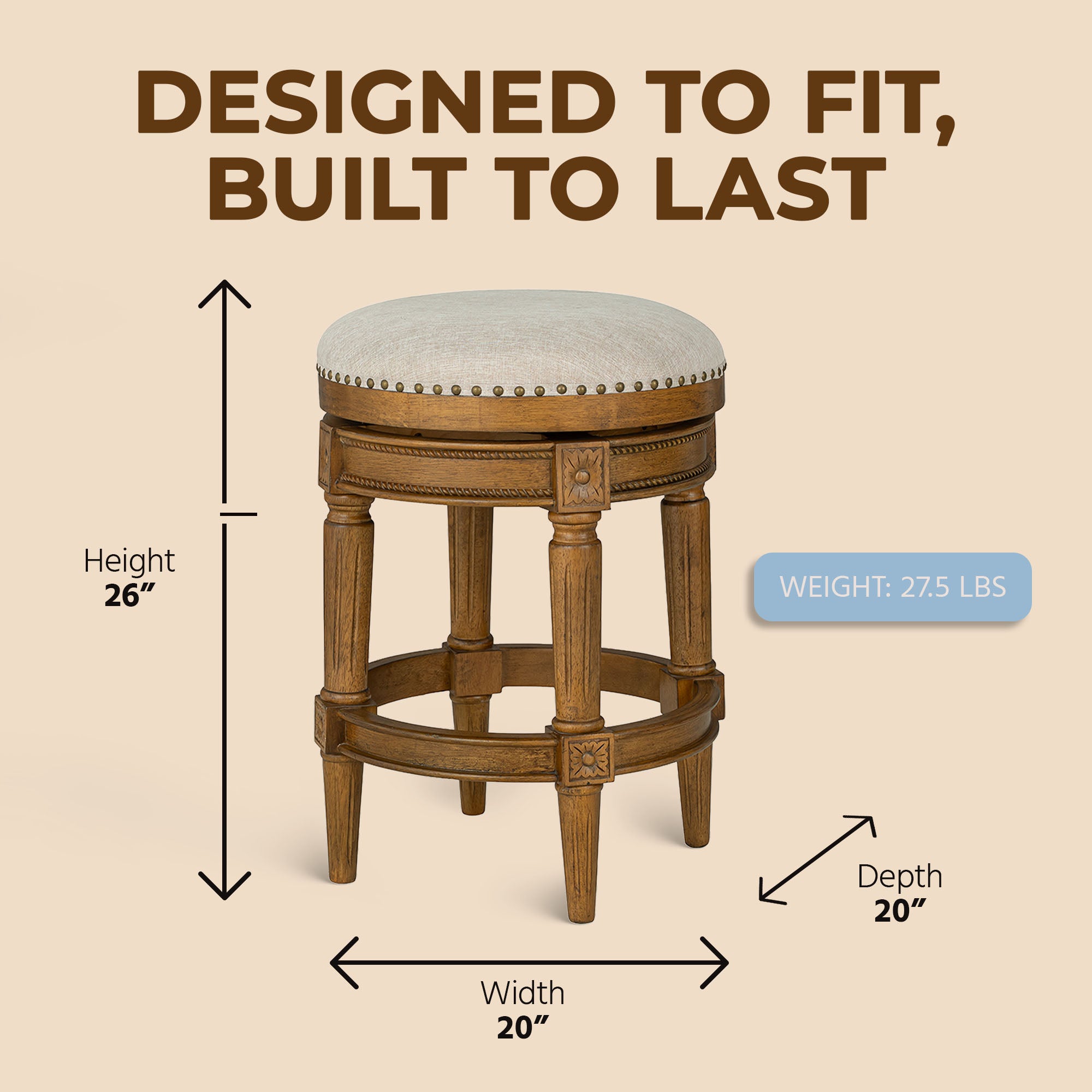 ROME + OAK Runyan 26" Swivel Counter Stool, Weathered Oak, Sand Fabric, Set of 2