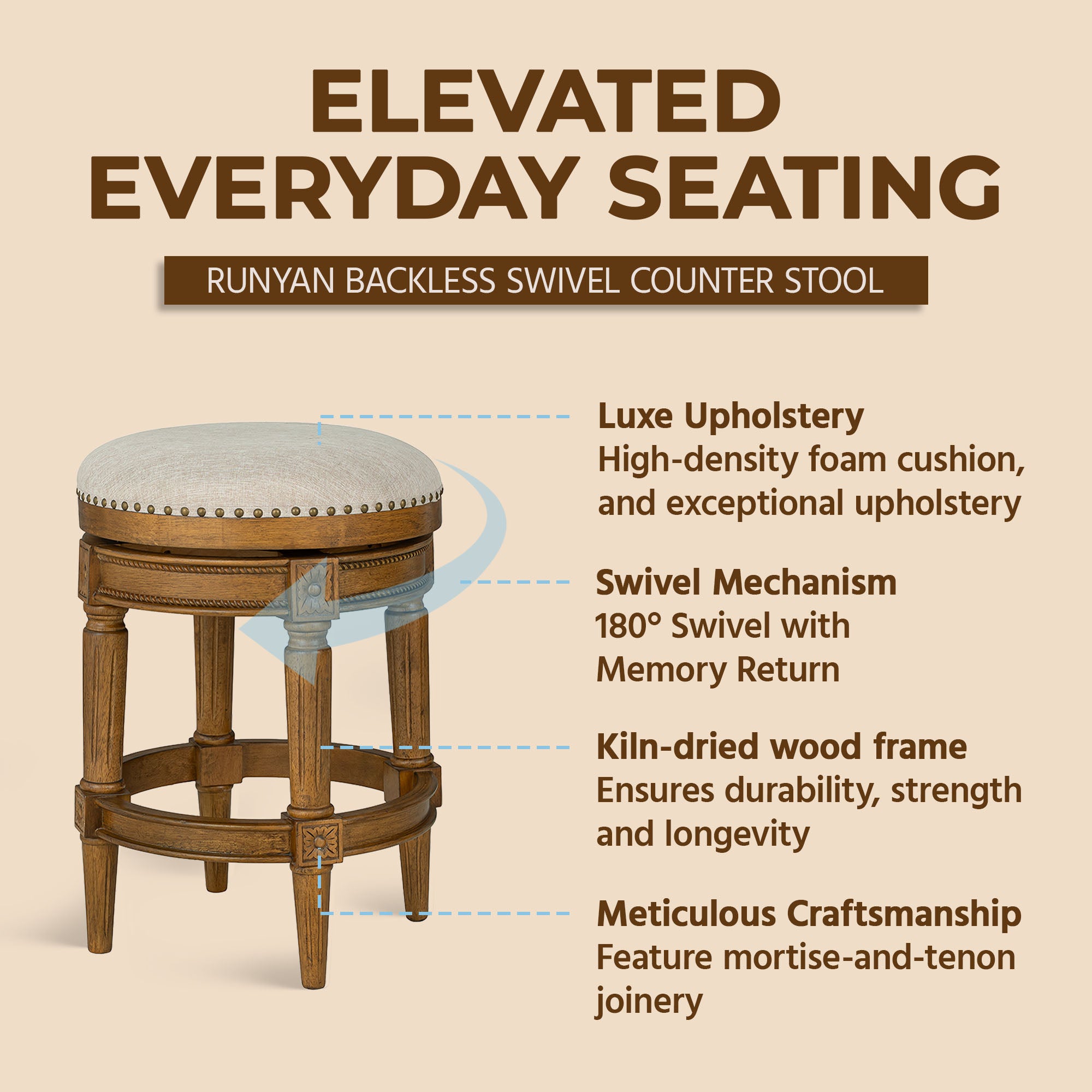 ROME + OAK Runyan 26" Swivel Counter Stool, Weathered Oak, Sand Fabric, Set of 2