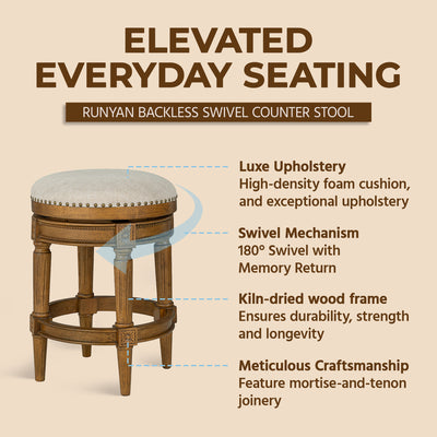 ROME + OAK Runyan 26" Swivel Counter Stool, Weathered Oak, Sand Fabric, Set of 2