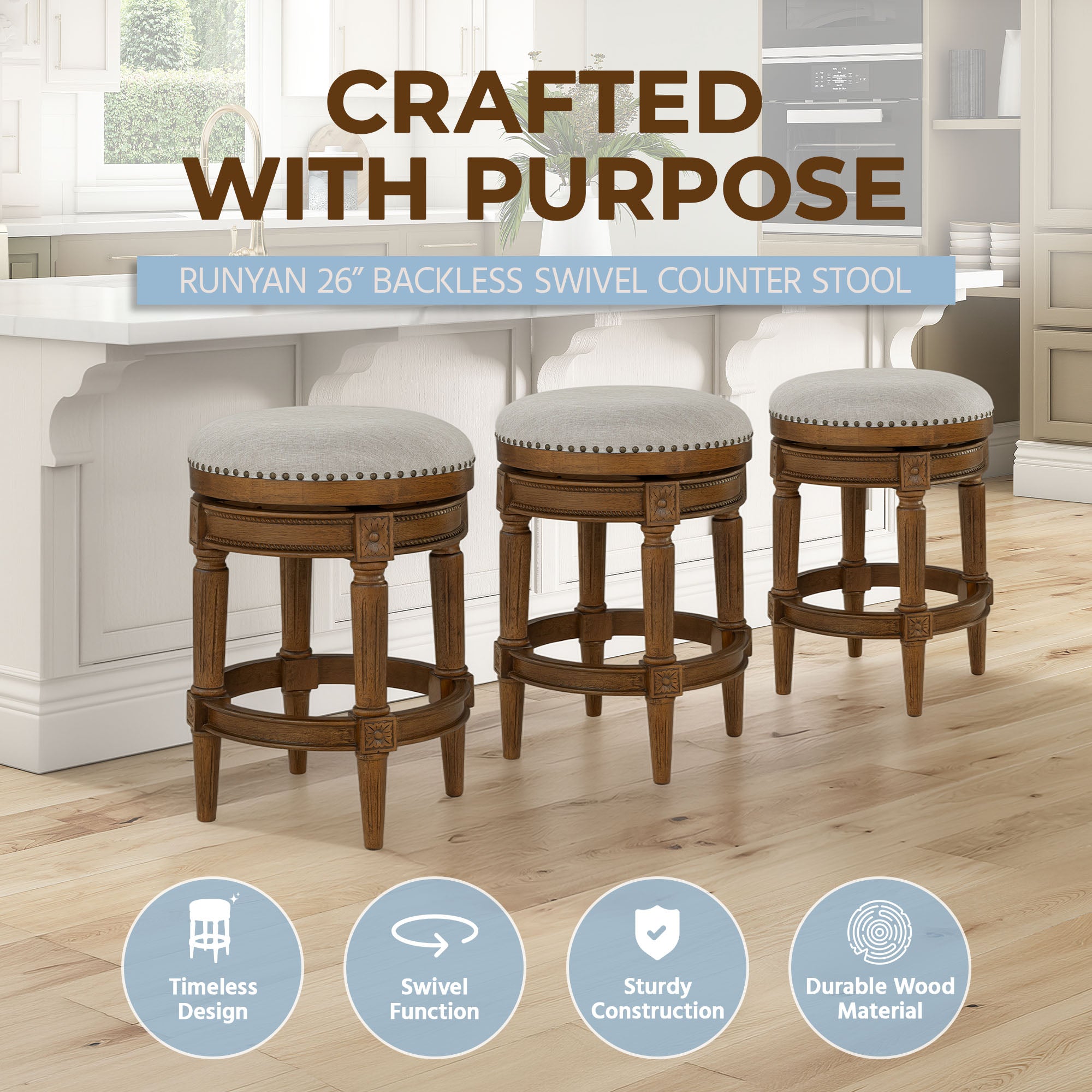 ROME + OAK Runyan 26" Swivel Counter Stool, Weathered Oak, Sand Fabric, Set of 2