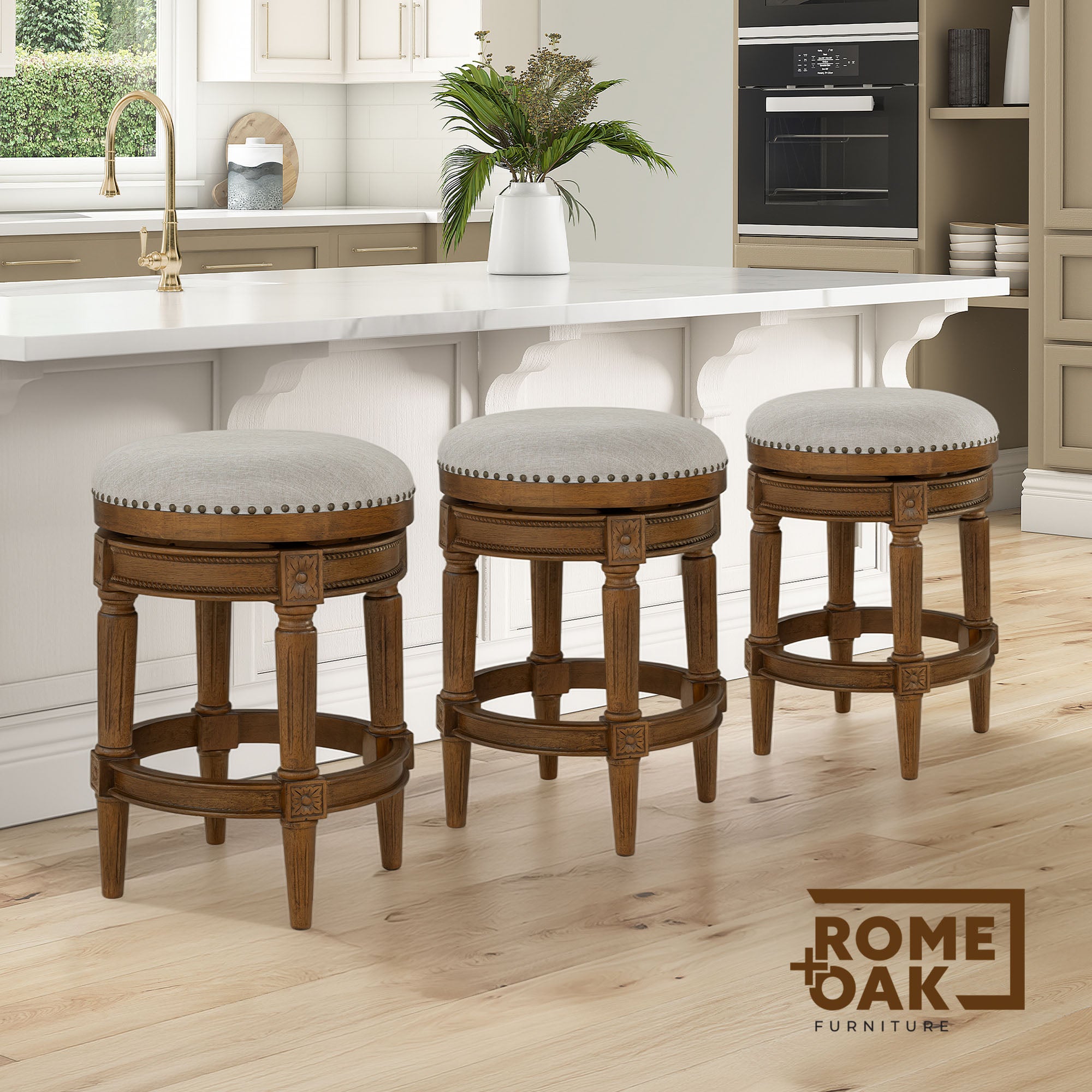 ROME + OAK Runyan 26" Swivel Counter Stool, Weathered Oak, Sand Fabric, Set of 2