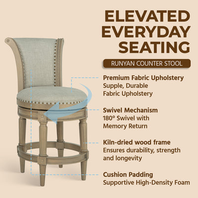 ROME + OAK Runyan 26" Swivel Counter Stool, Reclaimed Oak, Ash Grey Fabric - VMInnovations
