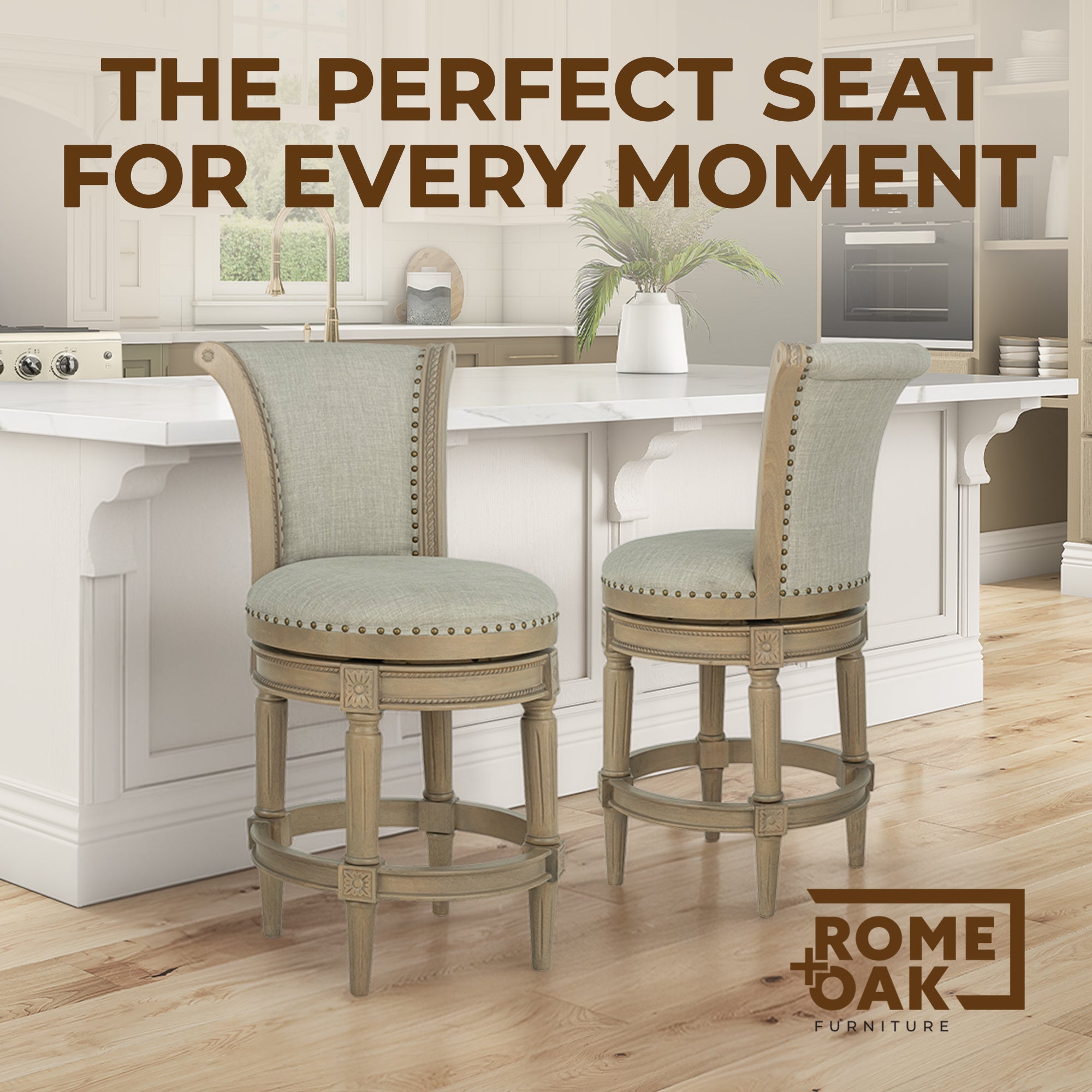 ROME + OAK Runyan 26" Swivel Counter Stool, Reclaimed Oak, Ash Grey Fabric - VMInnovations