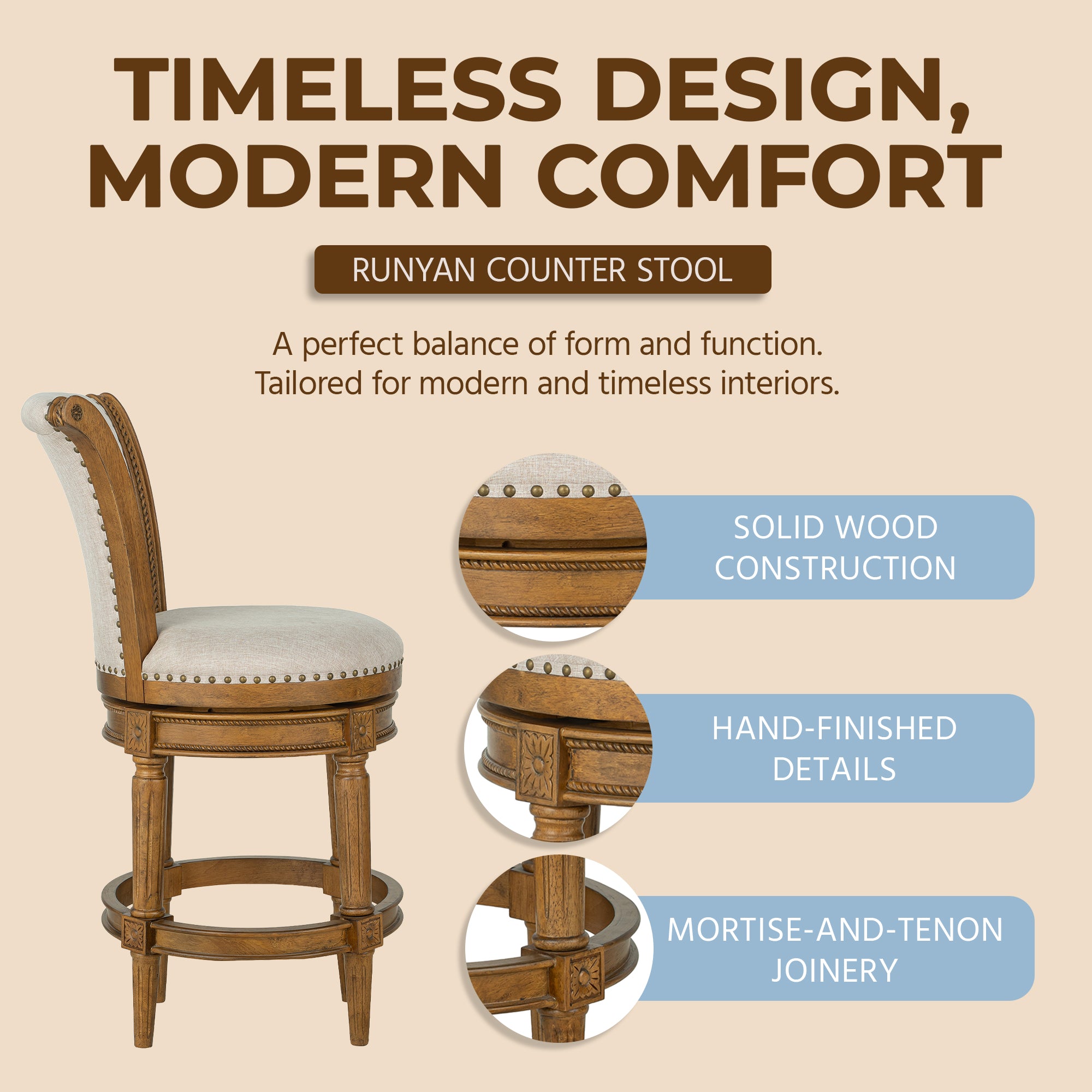 ROME + OAK Runyan 26" Swivel Counter Stool in Weathered Oak with Sand Fabric - VMInnovations