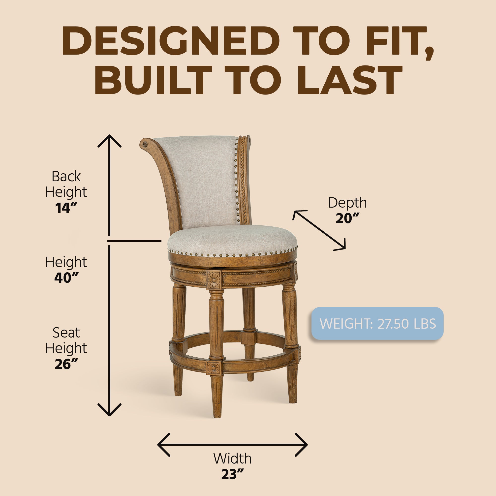 ROME + OAK Runyan 26" Swivel Counter Stool in Weathered Oak with Sand Fabric - VMInnovations