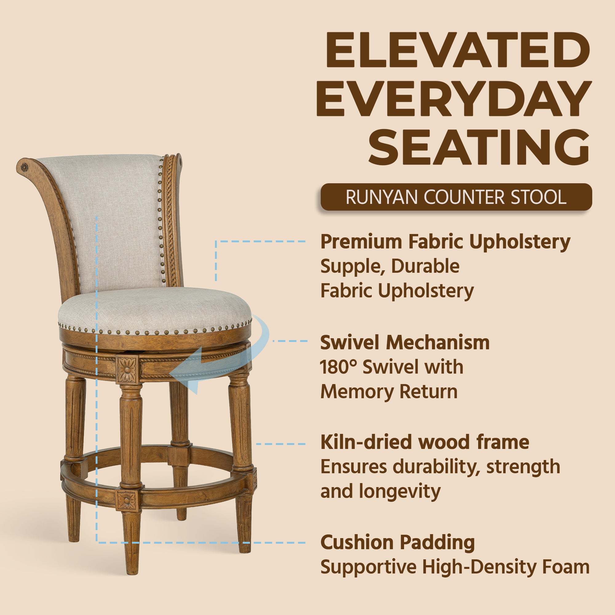 ROME + OAK Runyan 26" Swivel Counter Stool in Weathered Oak with Sand Fabric - VMInnovations