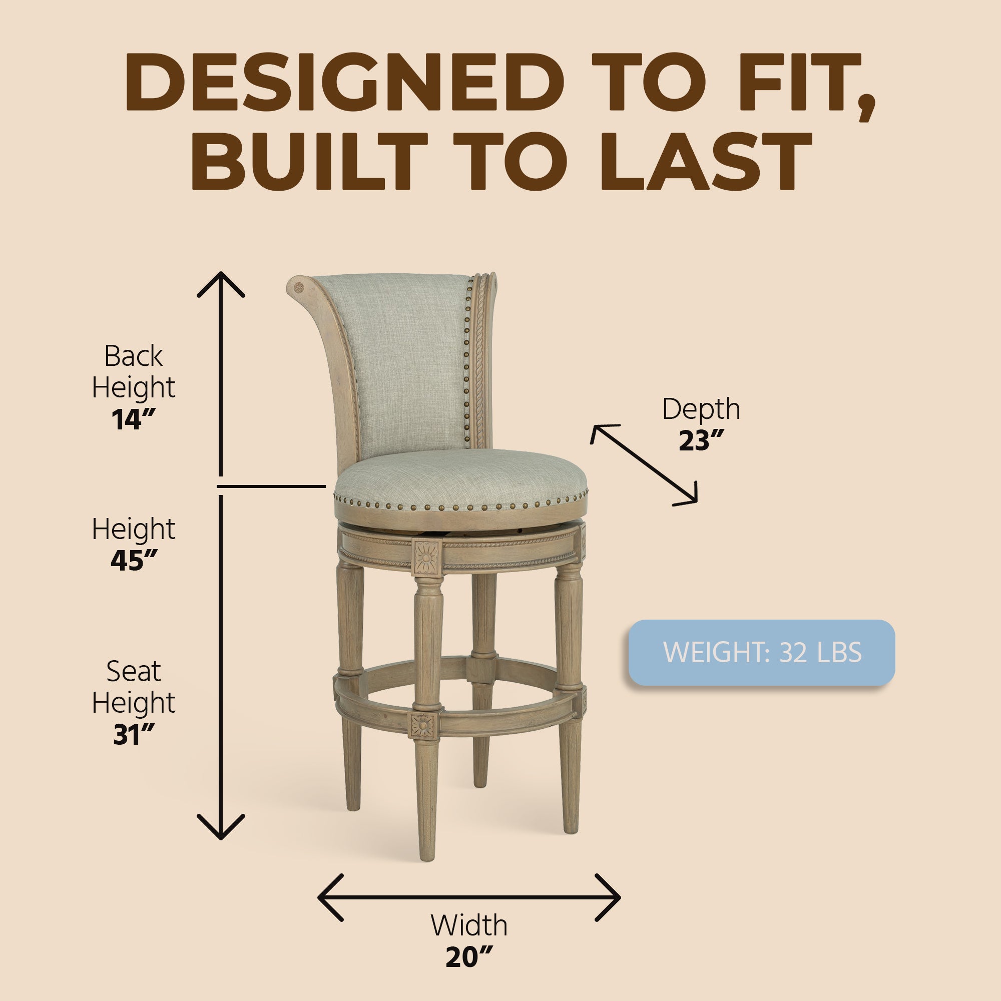 ROME + OAK Runyan 31" Swivel Bar Stool in Reclaimed Oak with Ash Grey Fabric - VMInnovations