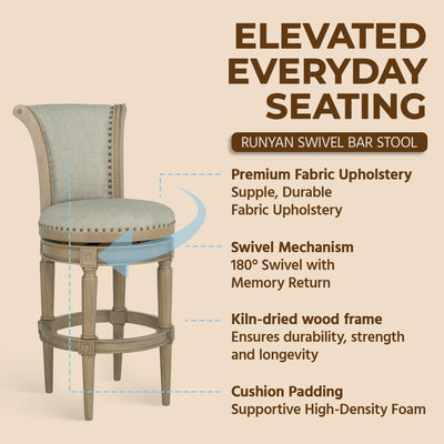 ROME + OAK Runyan 31" Swivel Bar Stool in Reclaimed Oak with Ash Grey Fabric - VMInnovations