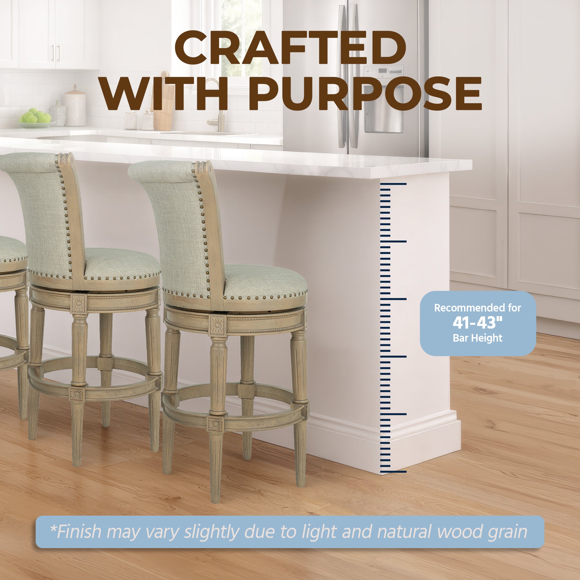 ROME + OAK Runyan 31" Swivel Bar Stool in Reclaimed Oak with Ash Grey Fabric - VMInnovations