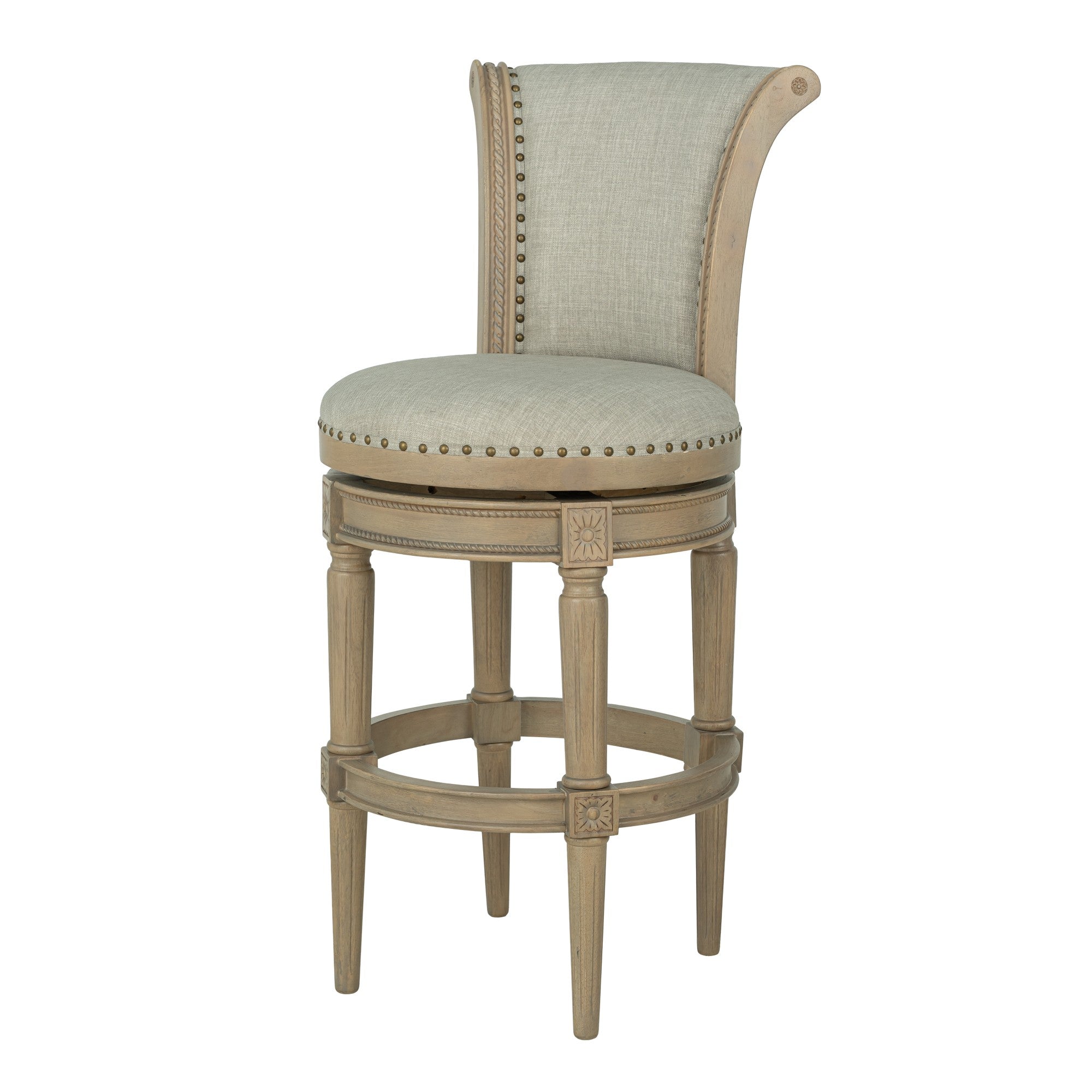 ROME + OAK Runyan 31" Swivel Bar Stool, Reclaimed Oak, Ash Grey Fabric, Set of 3