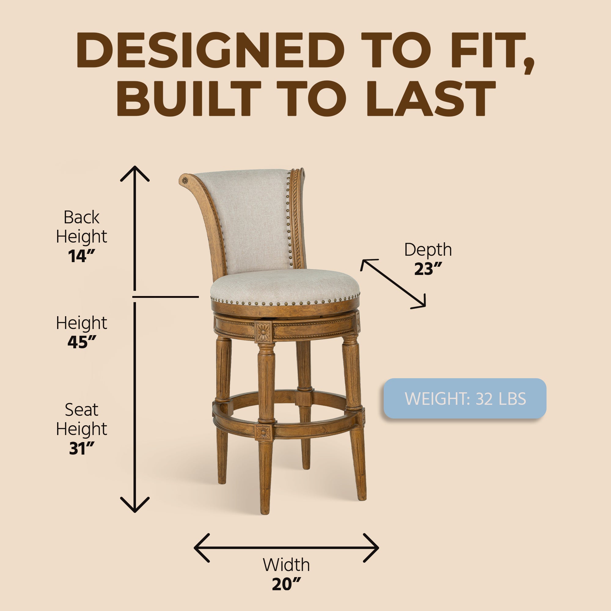 ROME + OAK Runyan 31" Swivel Bar Stool in Weathered Oak with Sand Fabric Seat - VMInnovations