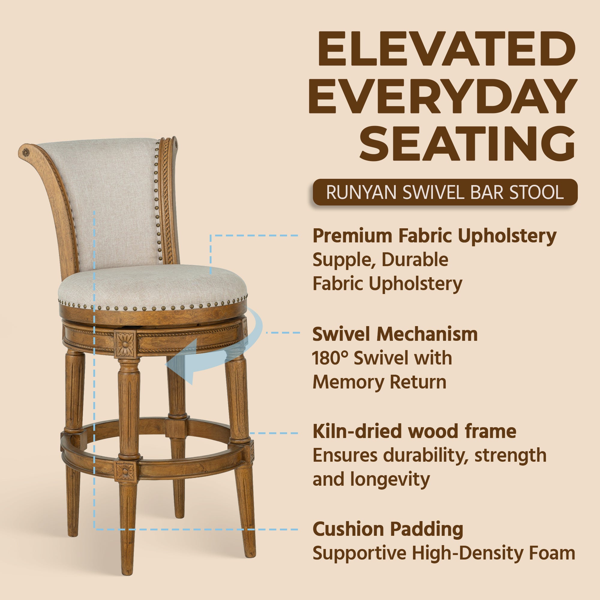 ROME + OAK Runyan 31" Swivel Bar Stool in Weathered Oak with Sand Fabric Seat - VMInnovations