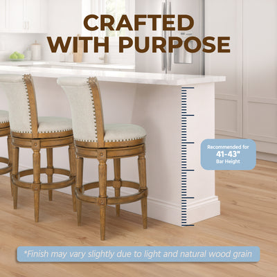 ROME + OAK Runyan 31" Swivel Bar Stool in Weathered Oak with Sand Fabric Seat - VMInnovations