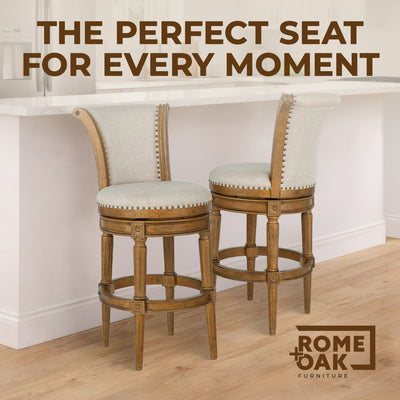 ROME + OAK Runyan 31" Swivel Bar Stool in Weathered Oak with Sand Fabric Seat - VMInnovations