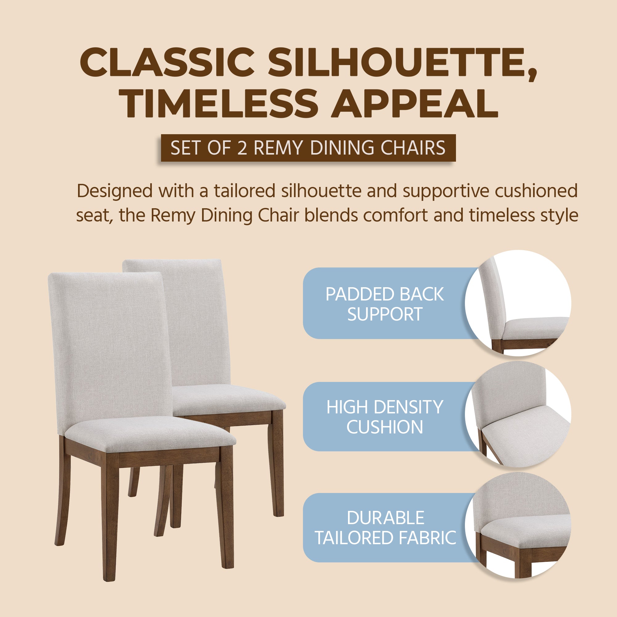 ROME + OAK Remy Dining Chair in Weathered Oak with Sand Fabric Seat, Set of 4 - VMInnovations