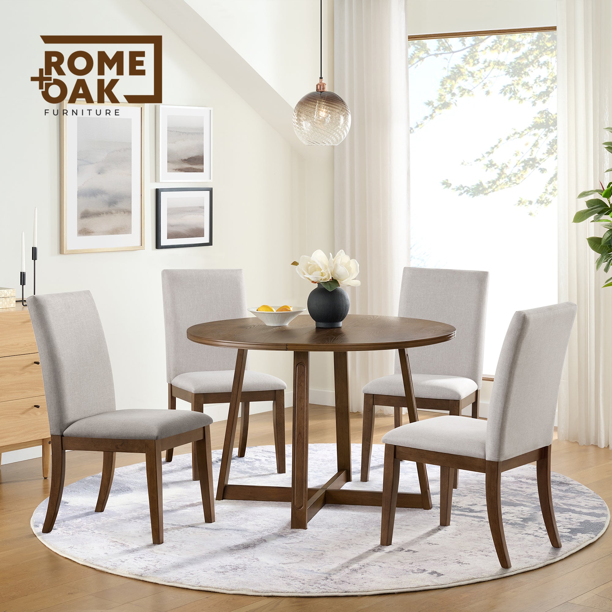 ROME + OAK Dining Set with 4 Remy Chairs & Worton 45" Round Table, Weathered Oak - VMInnovations