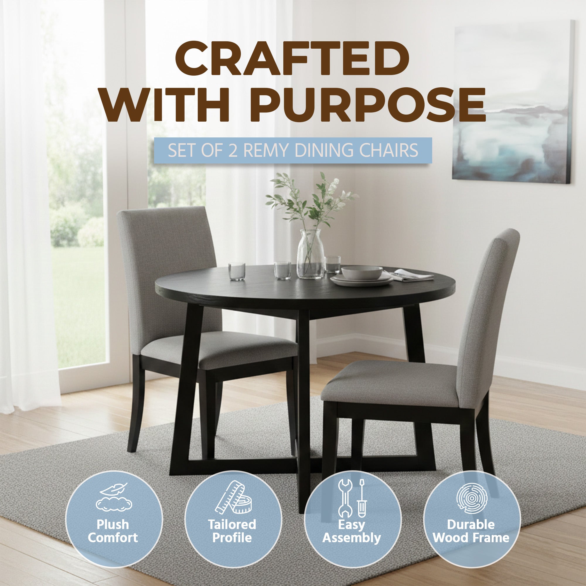 ROME + OAK Dining Set with 4 Remy Chairs & Worton 45" Round Table, Black Finish - VMInnovations
