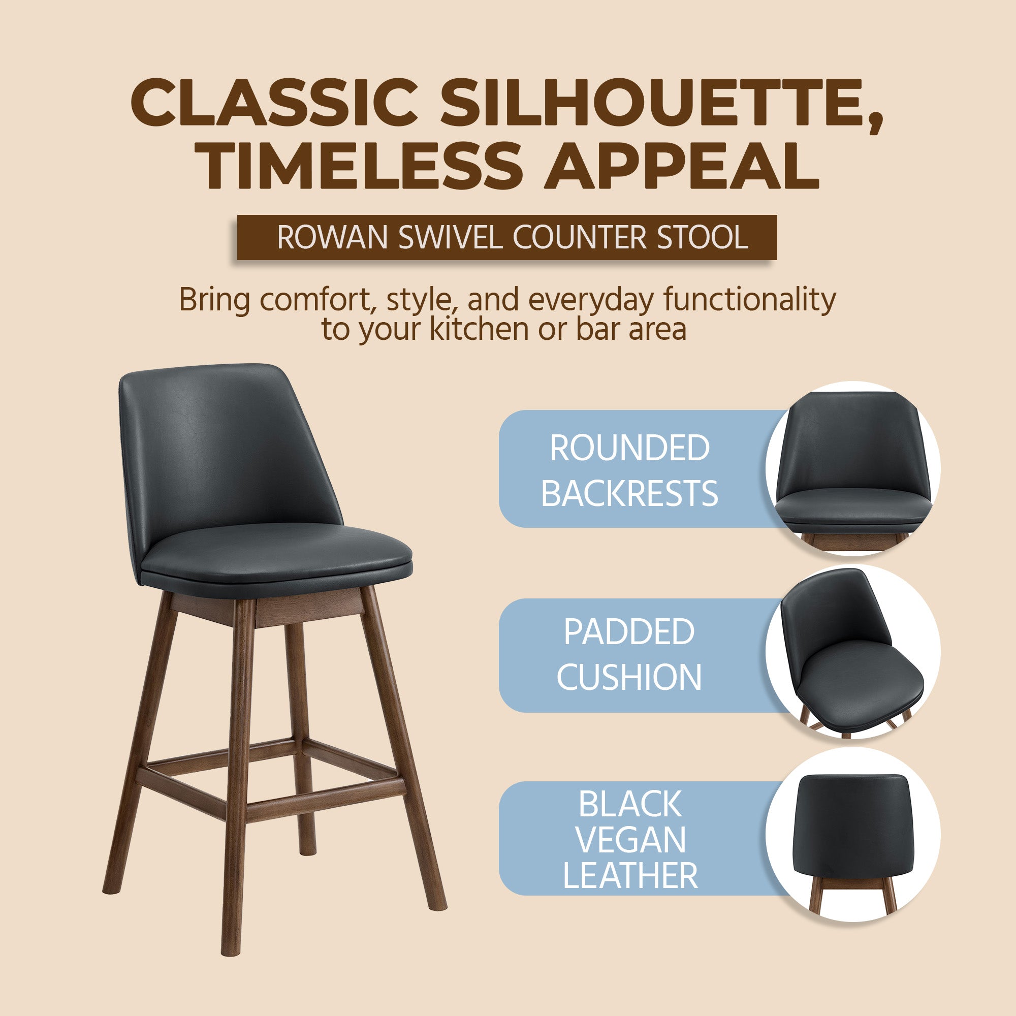 ROME + OAK Rowan 26" Swivel Counter Stool, Walnut, Black Vegan Leather, Set of 3