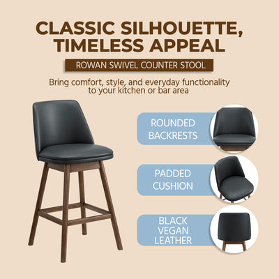 ROME + OAK Rowan 26" Swivel Counter Stool, Walnut, Black Vegan Leather, Set of 3