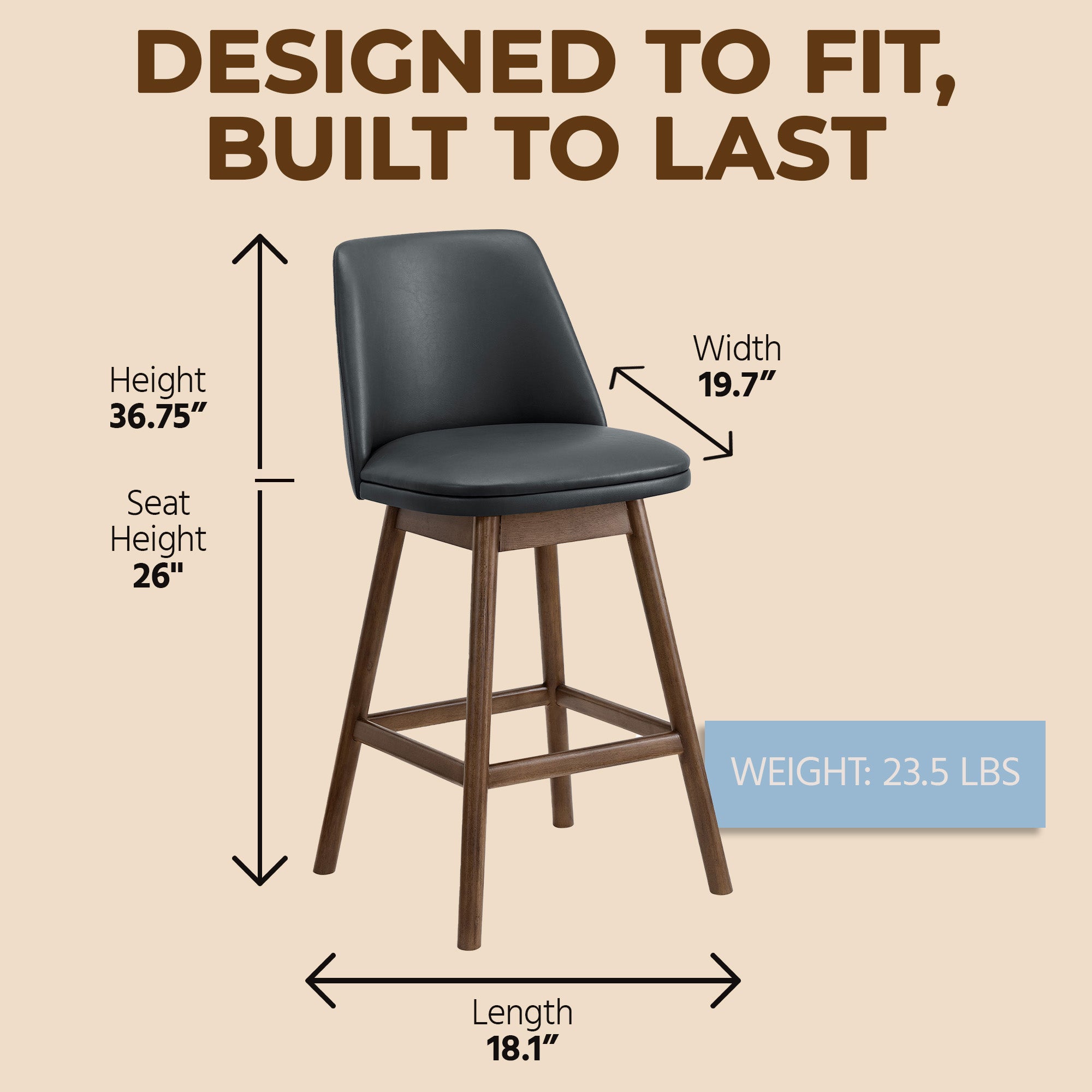 ROME + OAK Rowan 26" Swivel Counter Stool, Walnut, Black Vegan Leather, Set of 3