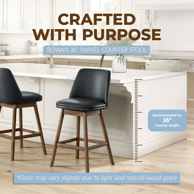 ROME + OAK Rowan 26" Swivel Counter Stool, Walnut, Black Vegan Leather, Set of 3