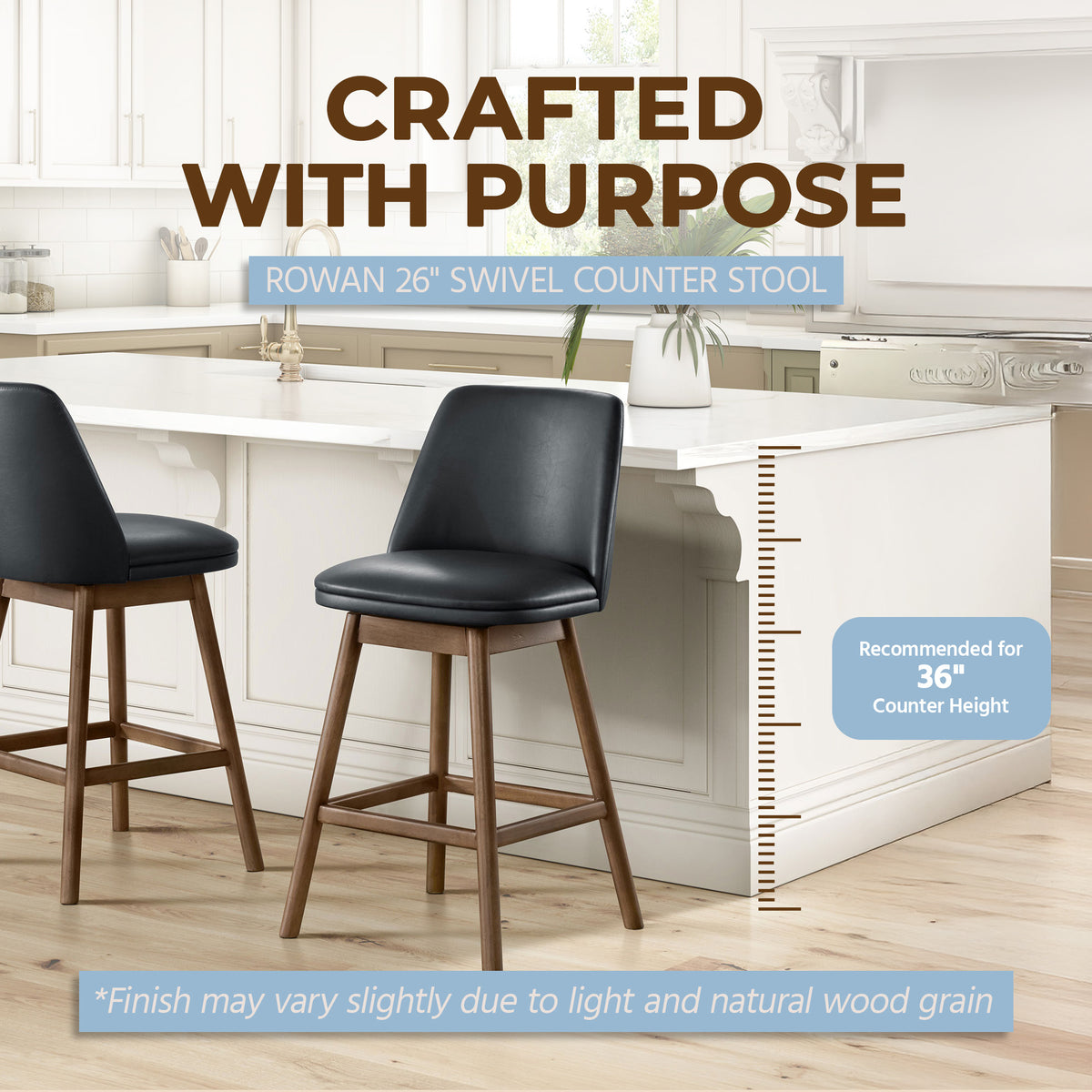 ROME + OAK Rowan 26" Swivel Counter Stool, Walnut, Black Vegan Leather, Set of 2