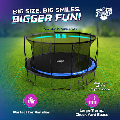 SpaceJump Lunar 16' Trampoline, Outdoor Ultimate Set with Slide, Hoop & Sprayer - VMInnovations