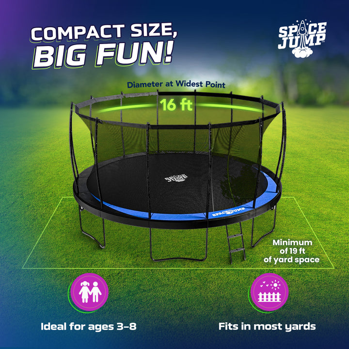 SpaceJump Lunar 16 Foot Trampoline, Outdoor Round Bouncer with Safety Net, Black