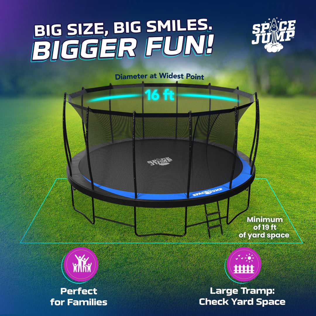 SpaceJump Lunar 16 Foot Trampoline, Outdoor Round Bouncer with Safety Net, Black