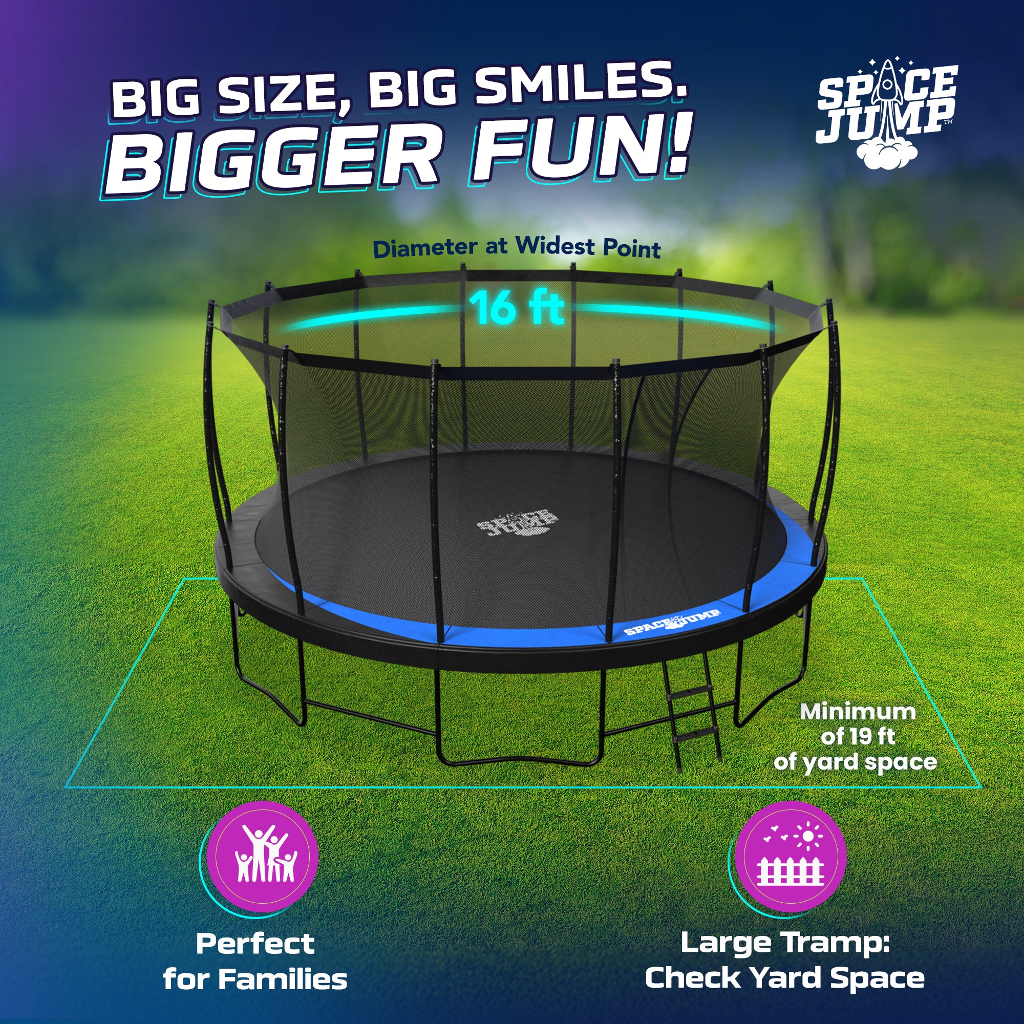 SpaceJump Lunar 16 Foot Trampoline, Outdoor Round Bouncer with Safety Net, Black