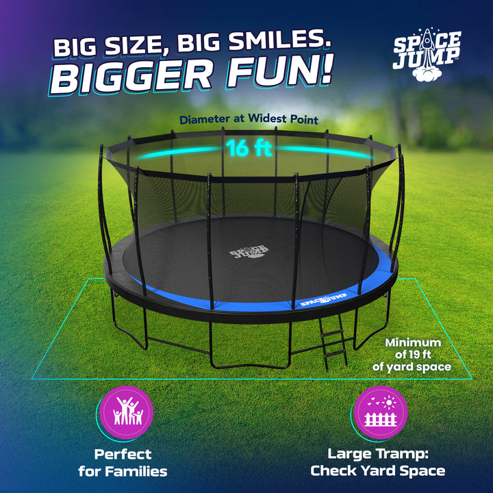 SpaceJump Lunar 16 Foot Trampoline, Outdoor Round Bouncer with Safety Net, Black