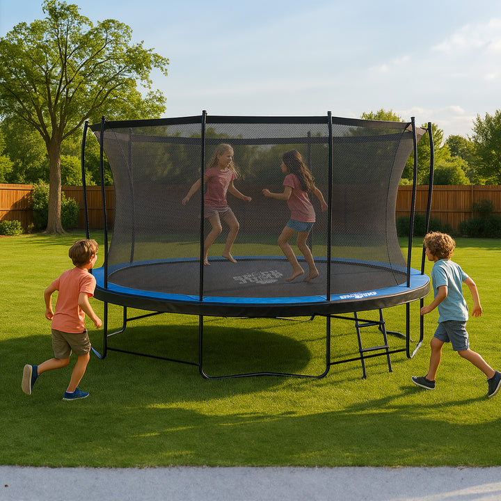SpaceJump Lunar 16 Foot Trampoline, Outdoor Round Bouncer with Safety Net, Black