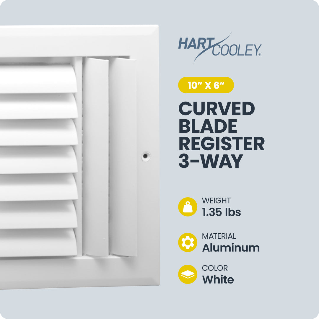 Hart & Cooley 10"x6" Aluminum Curved Blade Register, Multi-Shutter Damper, 3-Way