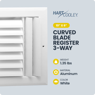 Hart & Cooley 10"x6" Aluminum Curved Blade Register, Multi-Shutter Damper, 3-Way - VMInnovations