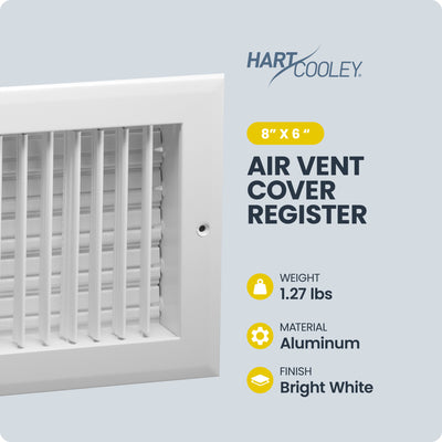 Hart & Cooley 8 x 6 Inch Air Vent Cover, Register w/Multi-Shutter Damper, White - VMInnovations