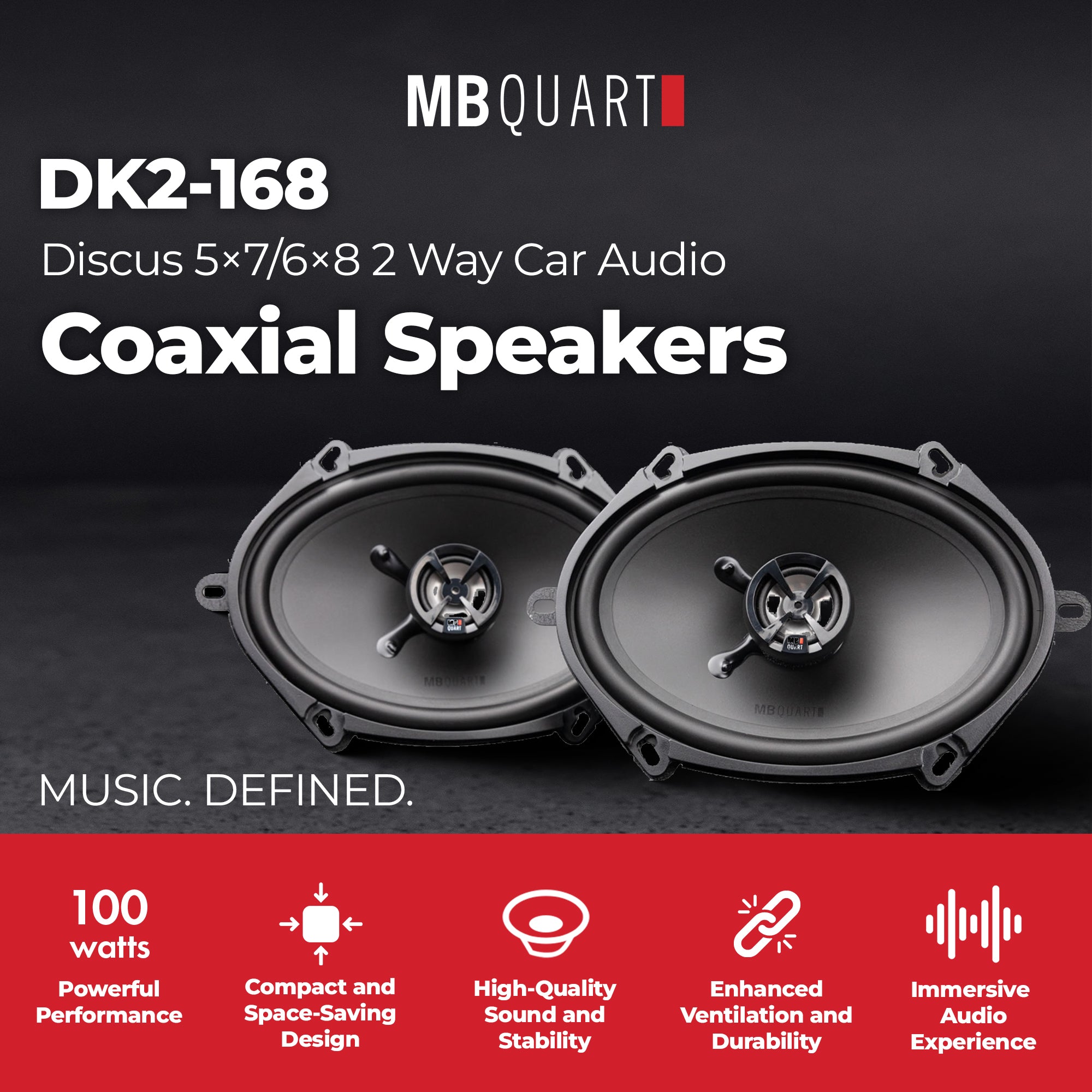 MB Quart Discus 5x7" & 6x8" 2 Way Car Audio Coaxial Speakers, 100W Peak, Pair - VMInnovations