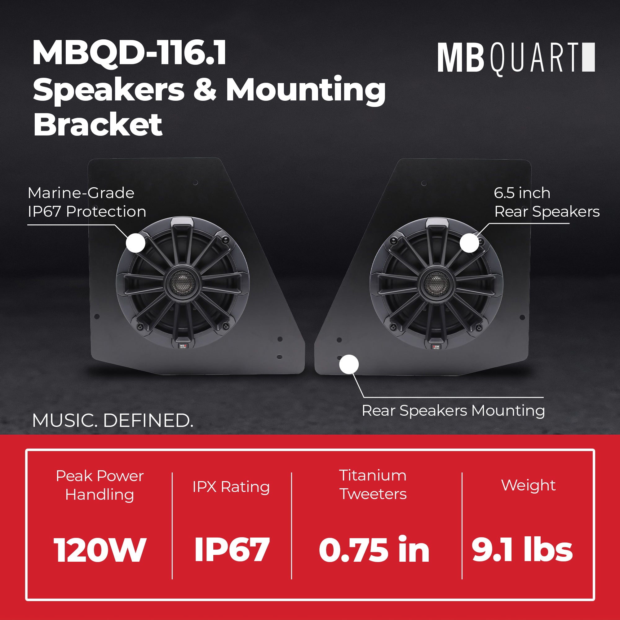 MB Quart Can-Am Defender Tuned Rear Speaker Kit 6.5" Speakers & Mounting Bracket - VMInnovations