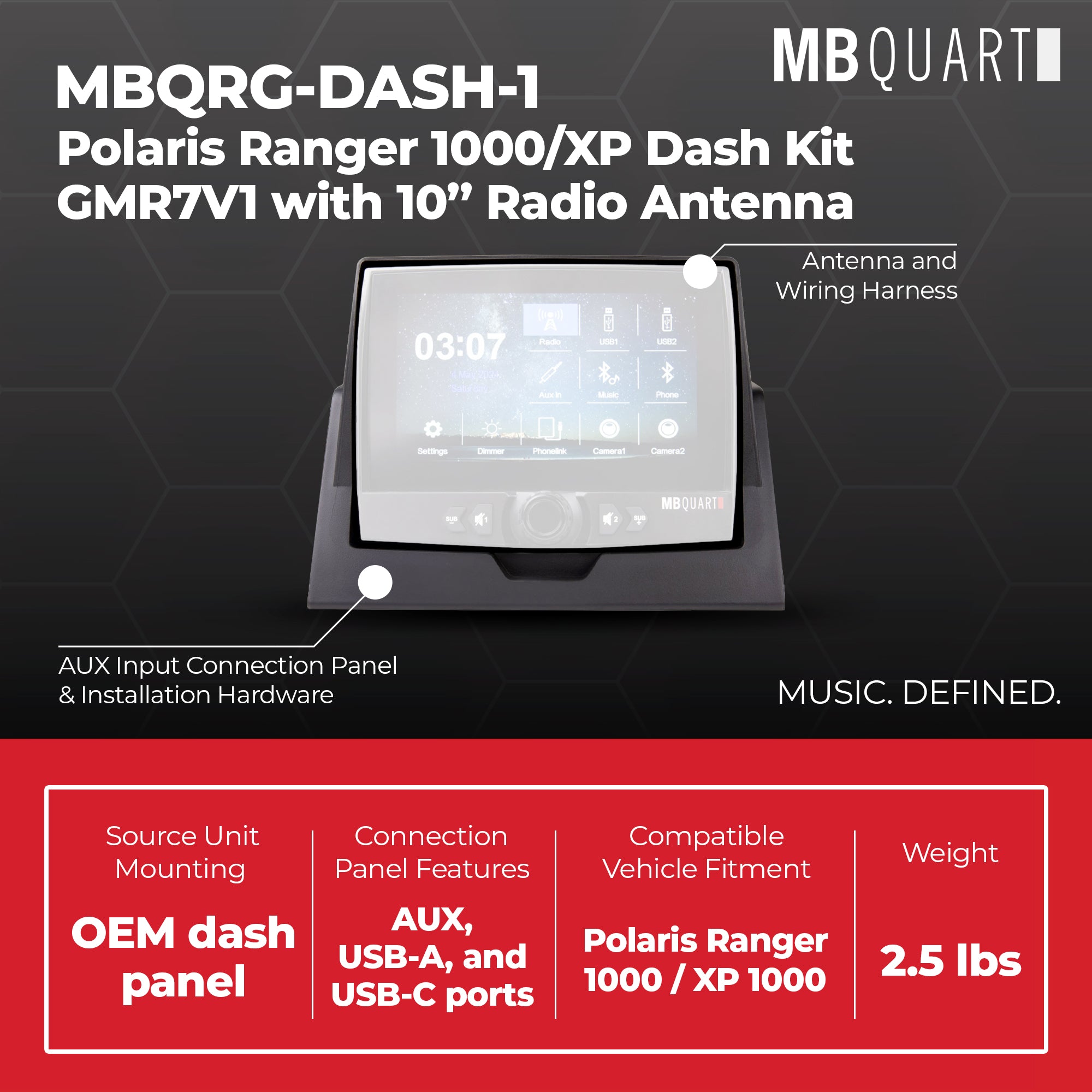 MB Quart Polaris Ranger 1000/XP Dash Kit GMR7V1 and Included 10” Radio Antenna - VMInnovations