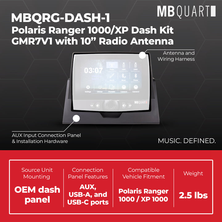 MB Quart Polaris Ranger 1000/XP Dash Kit GMR7V1 and Included 10” Radio Antenna