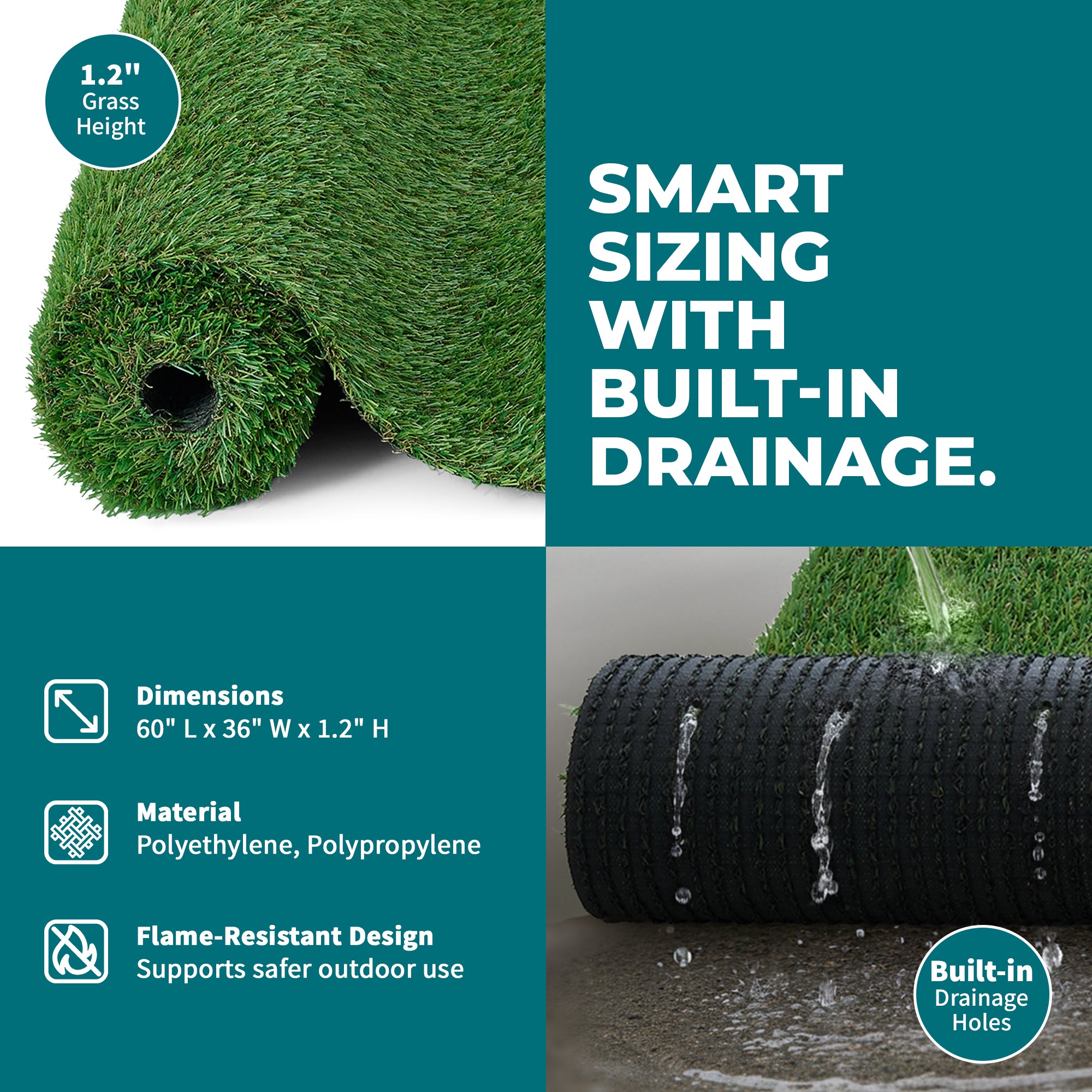 Bliss Artificial Grass Rug, Indoor/Outdoor Mat, Easy Clean Drainage (Open Box)