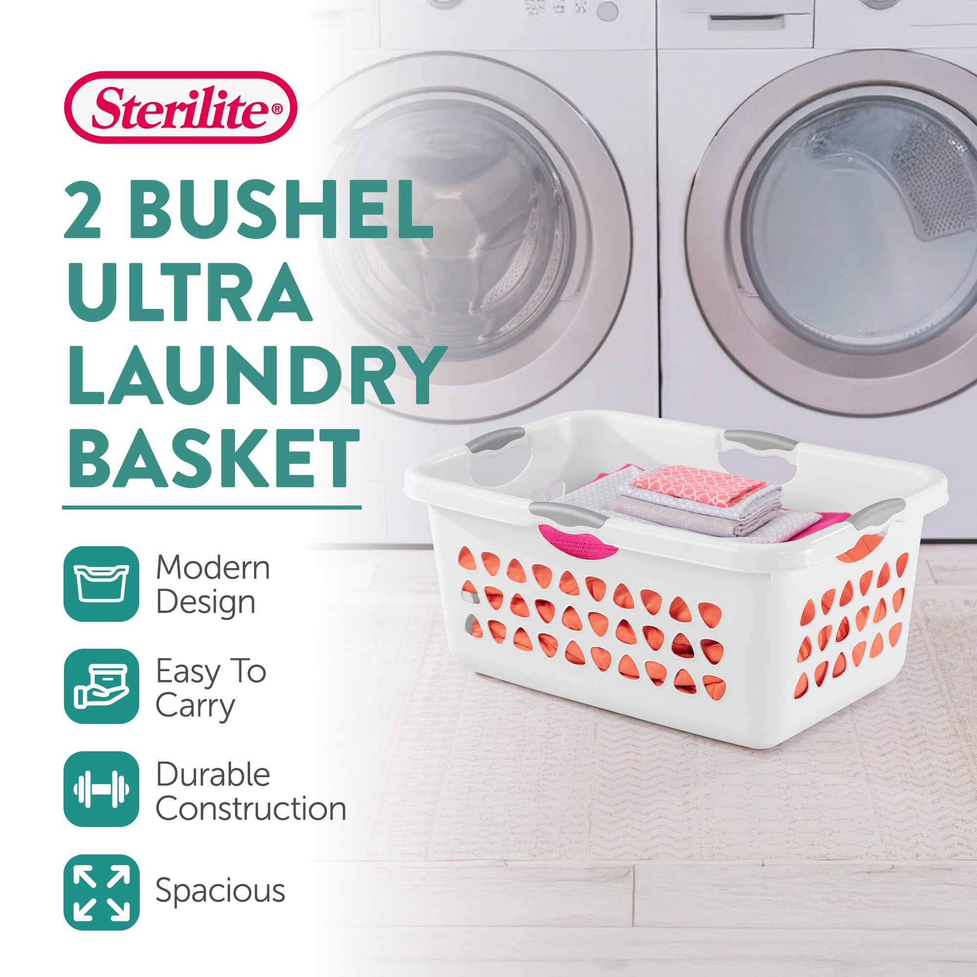Sterilite Ultra Laundry Basket, 2 Bushel Plastic Hamper with Handles, 8 Pack