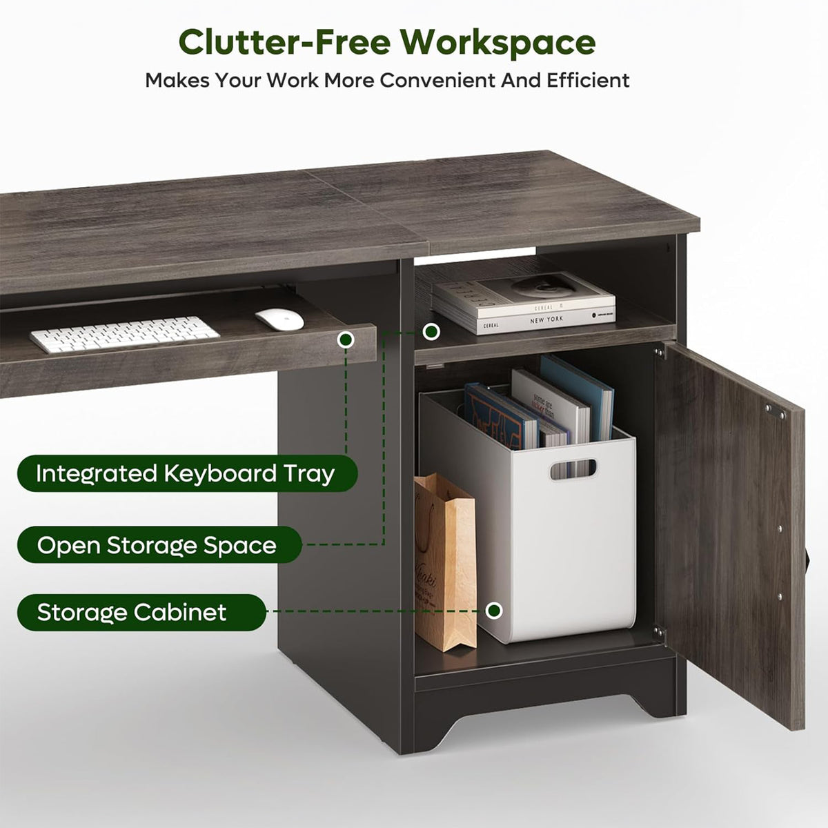 Bestier 47 inch Office Desk w/ Keyboard Tray & Storage Cabinet, Grey (Open Box)