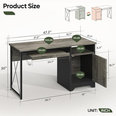 Bestier 47 inch Office Desk w/ Keyboard Tray & Storage Cabinet, Grey (Open Box)