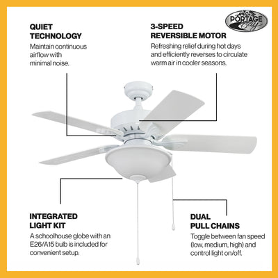Portage Bay Viretta 42" Ceiling Fan with Light, Quiet Motor & Pull Chain, White