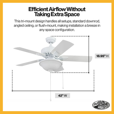 Portage Bay Viretta 42" Ceiling Fan with Light, Quiet Motor & Pull Chain, White