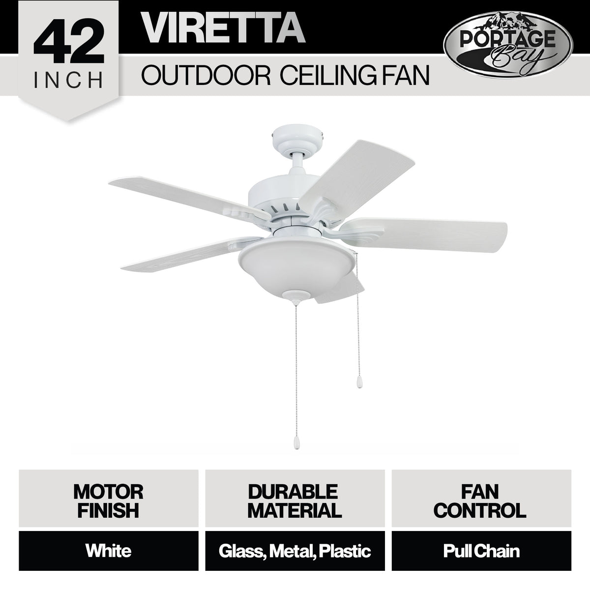 Portage Bay 42" Ceiling Fan w/Light, Quiet Motor & Pull Chain, White (Open Box) - VMInnovations