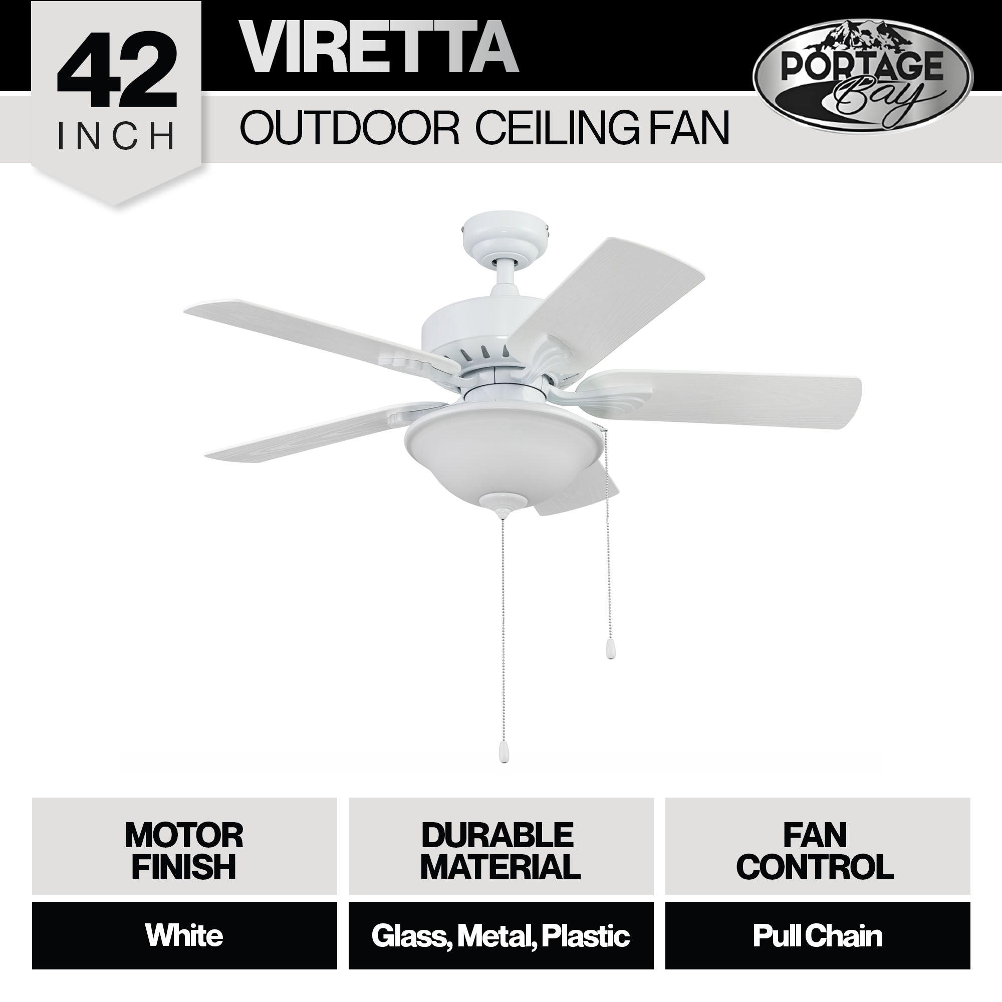Portage Bay 42" Ceiling Fan w/Light, Quiet Motor & Pull Chain, White (Open Box) - VMInnovations